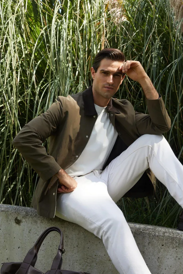 Veste classique kaki à col en velours pour homme