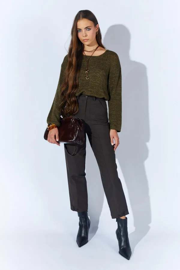 Kadın Kahve Beli Düğmeli Çift Dikişli Pantolon