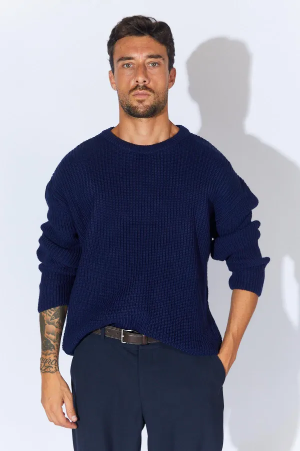 Pull en maille à col rond bleu marine pour homme (TRZ050)