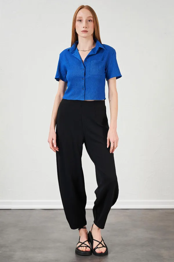 Kadın Saks Bürümcük Tek Cep Crop Gömlek