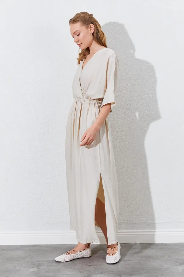 Kadın Taş Düşük Kol Yanları Yırtmaçlı Uzun Elbise