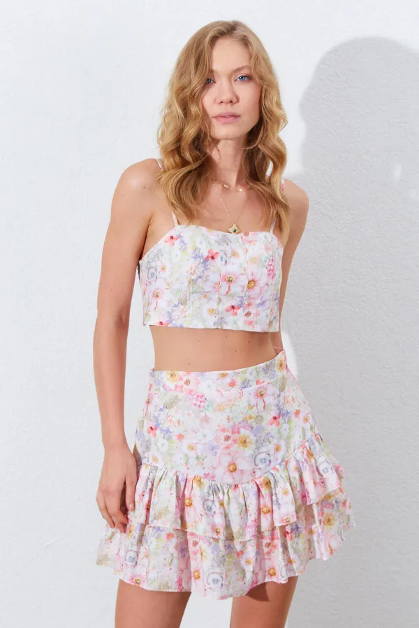 Kadın Pembe Çiçek Desenli Croplu-Etekli Takım