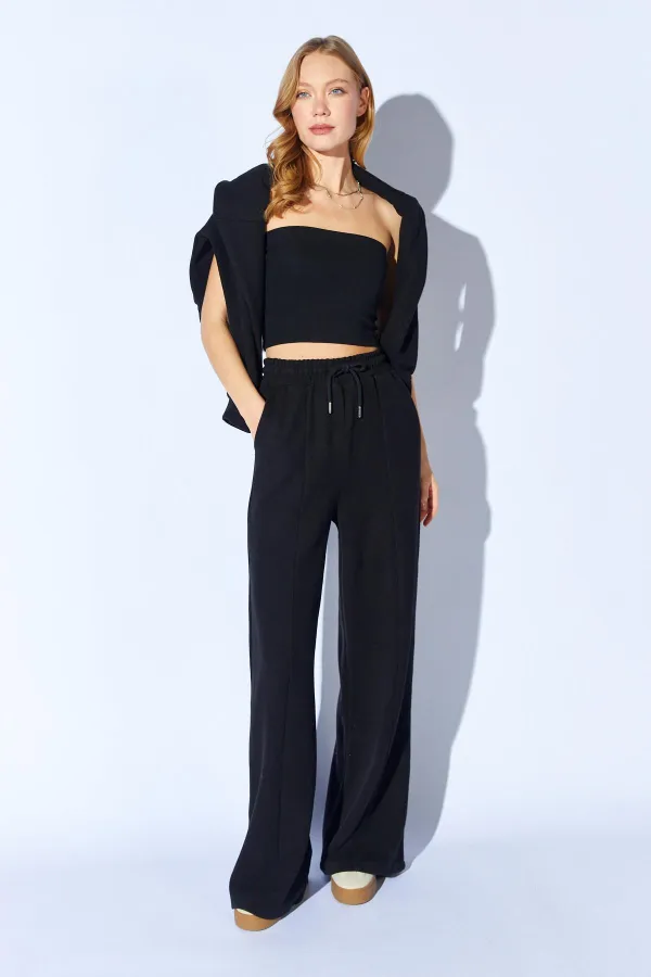 Kadın Siyah Yaka Fermuarlı Dikiş Detaylı Selanik Takım