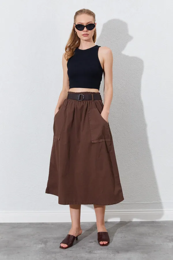 Kadın Kahve Palaska Kemerli Önü Cepli Gabardin Etek