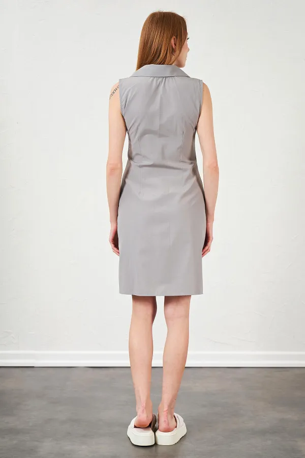 Kadın Gri Gömlek Yaka Önü Düğmeli Kolsuz Poplin Elbise