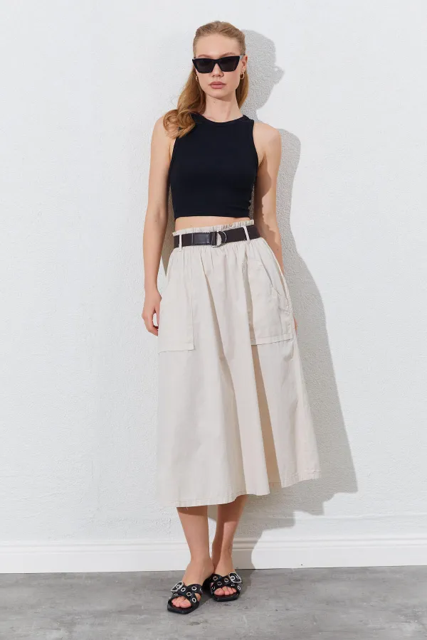 Kadın Taş Palaska Kemerli Önü Cepli Gabardin Etek