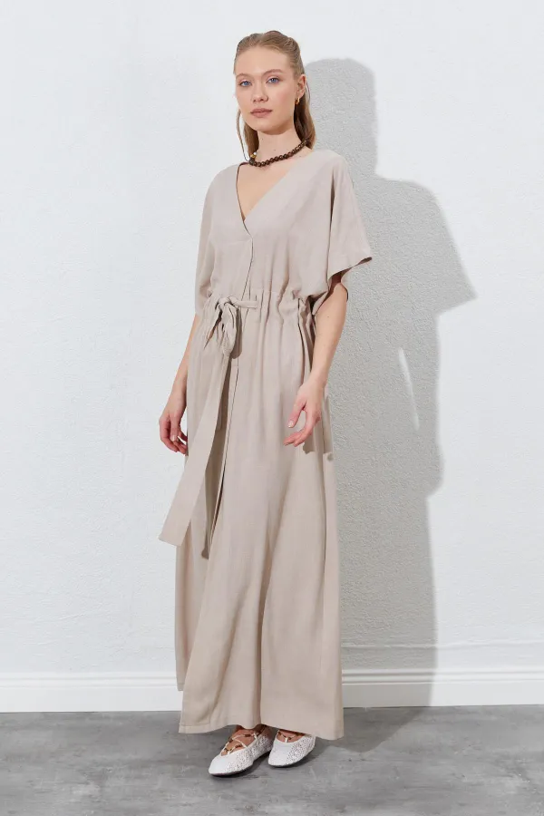 Kadın Koyu Bej Düşük Kol Beli Tünel Kemerli Keten Uzun Elbise