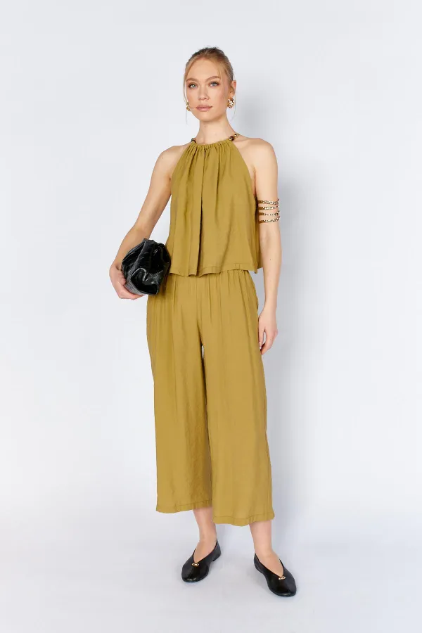 Women's Olive 171 Modal Suit with Wide-Leg Trousers and Beaded Collar Accessory