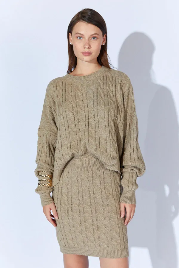 Kadın Vizon Saç Örgülü Etek Kazak Takım