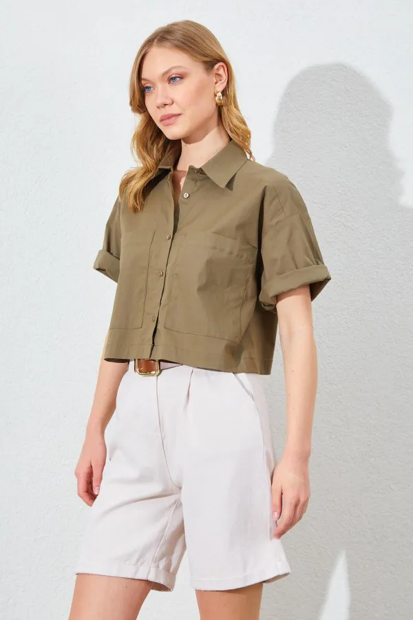 Kadın Haki Çift Cepli Düşük Kol Crop Gömlek
