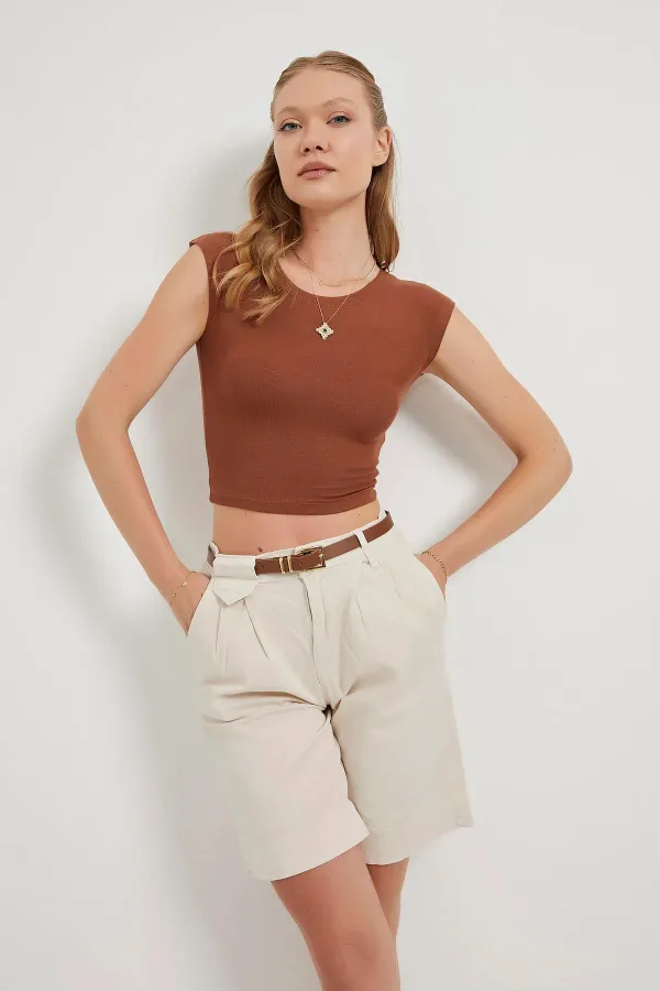 Women's Stone Waist Belted Lycra Gabardine Midi Shorts