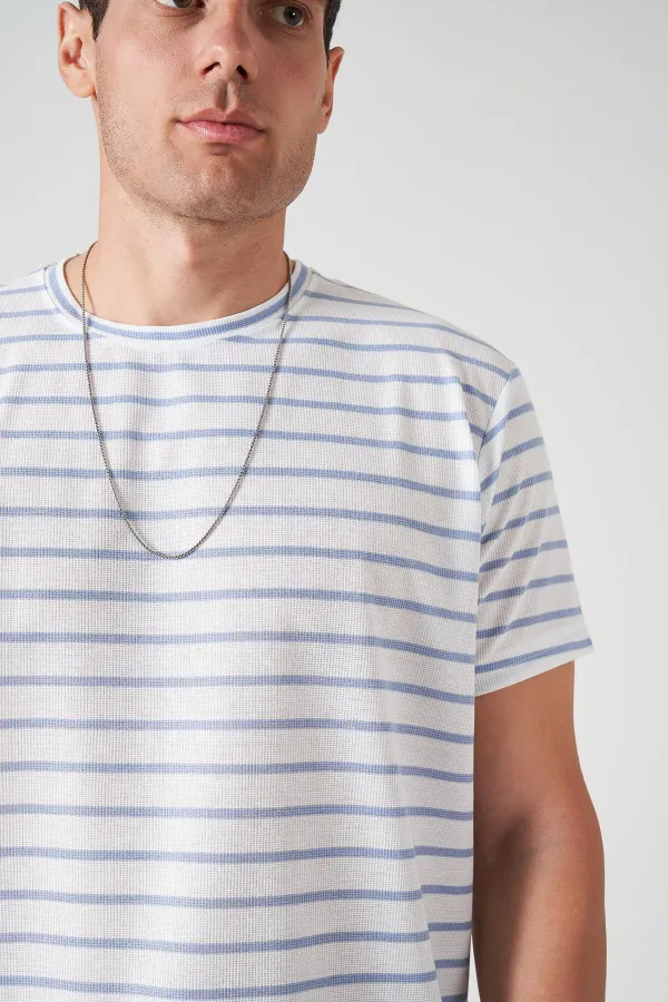 Erkek Mavi Bisiklet Yaka Ringel Mini Waffle Tişört