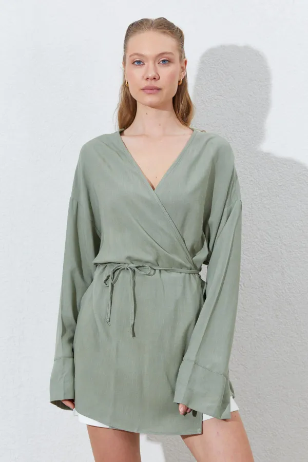 Kadın Haki Kruvaze Yaka İp Bağlamalı Ceket