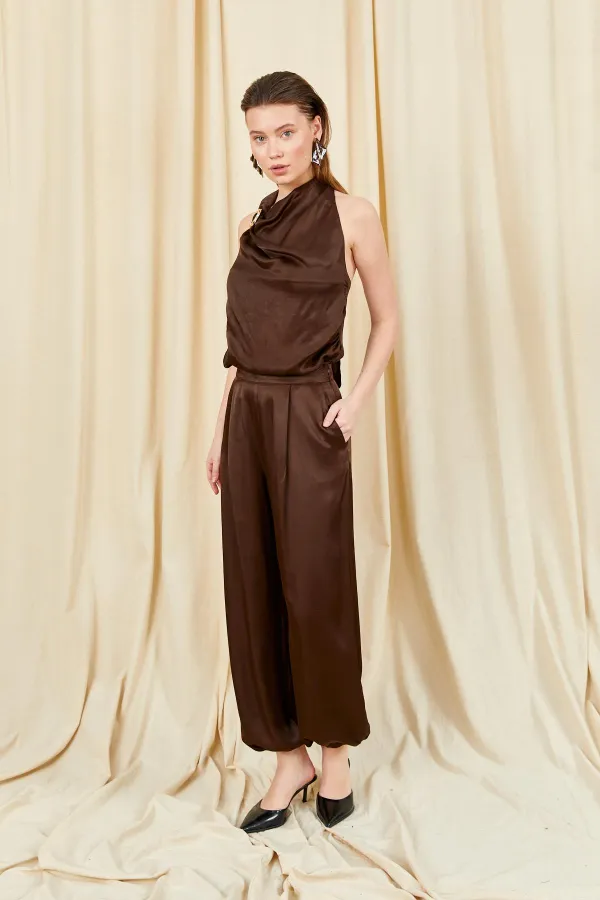 Kadın Kahve 9087 Yaka Bağlamalı Gold Tokalı Şalvar Pantolonlu Saten Takım