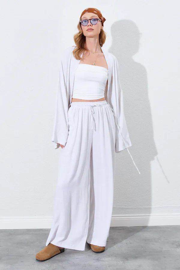 Kadın Naturel Beli Lastikli Palazzo Keten Pantolon