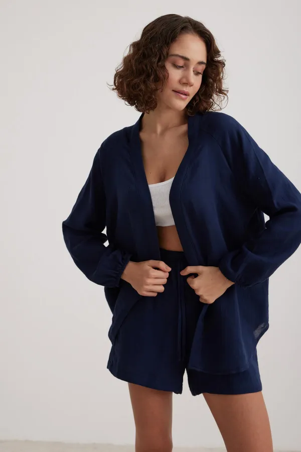 Kadın Lacivert Beli Lastikli Müslin Şort