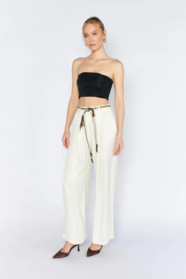 Kadın Krem Beli Fular Kemerli Floş Saten Bol Paça Pantolon