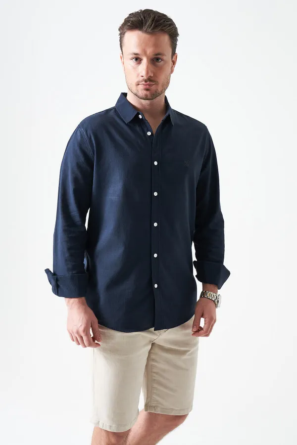 Erkek Lacivert Uzun Kol Basic Pamuk Flam Regular Gömlek