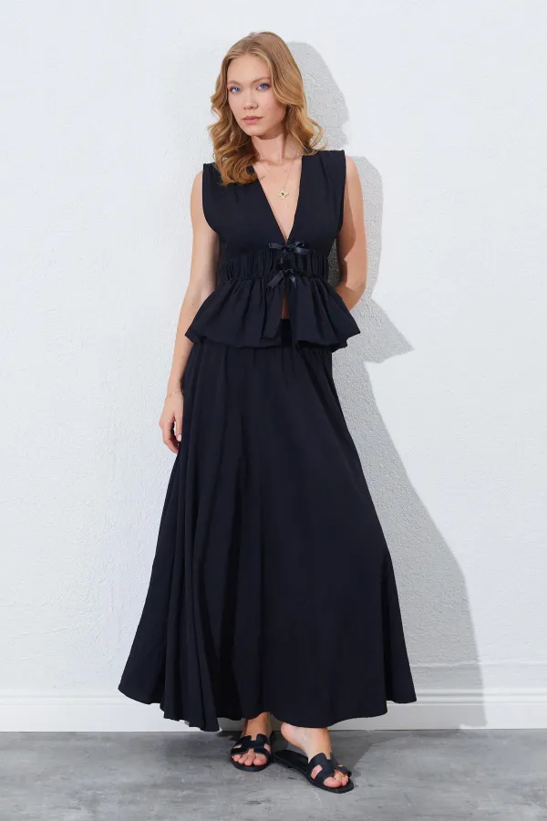 Kadın Siyah Kolsuz Beli Gipeli Fiyonk Desenli Bluz