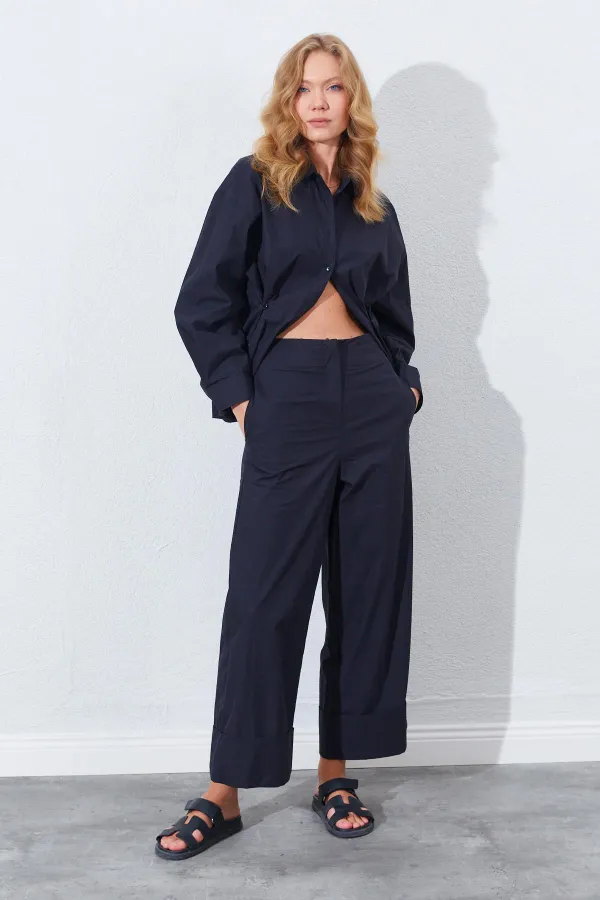 Kadın Siyah Geniş Double Boru Paça Pantolon