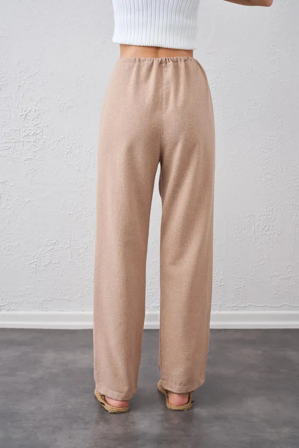 Kadın Taş Bel Bağlamalı Bağcıklı Keten Pantolon