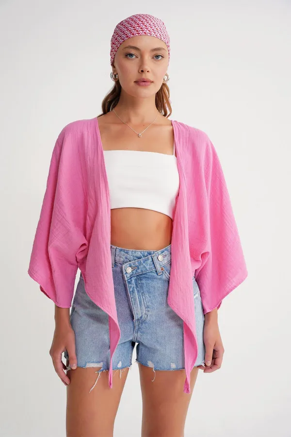 Kadın Pembe Yarasa Kol Ön Bağlamalı Gömlek