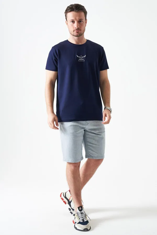 Men's Blue Five-Pocket Capri Pants with Drawstring and Back Snap Closure