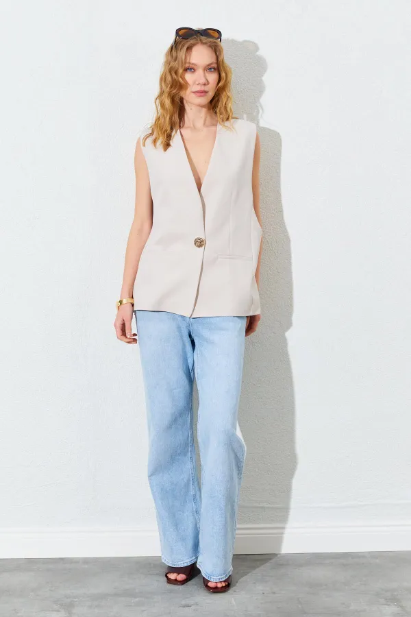 Kadın Bej Tek Düğmeli Oversize Yelek