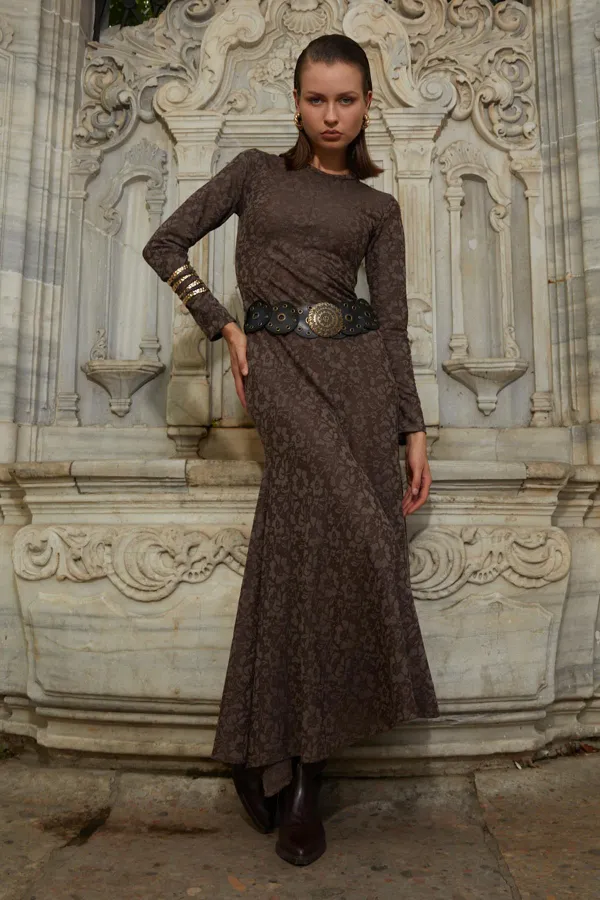 Kadın Kahve Bisiklet Yaka Desenli Volanlı Elbise(111)