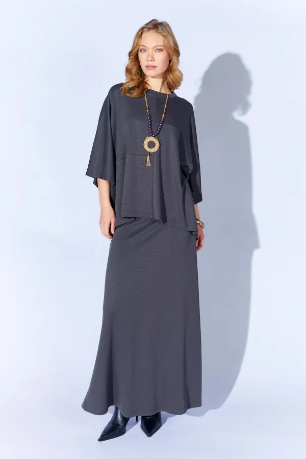 Kadın Antrasit 172 Düşük Kol Bluzlu Uzun Pike Modal Etekli Takım