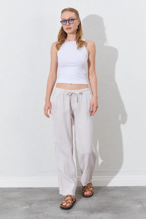 Kadın Taş Beli İp Bağlamalı Keten Yan Cepli Bol Paça Pantolon