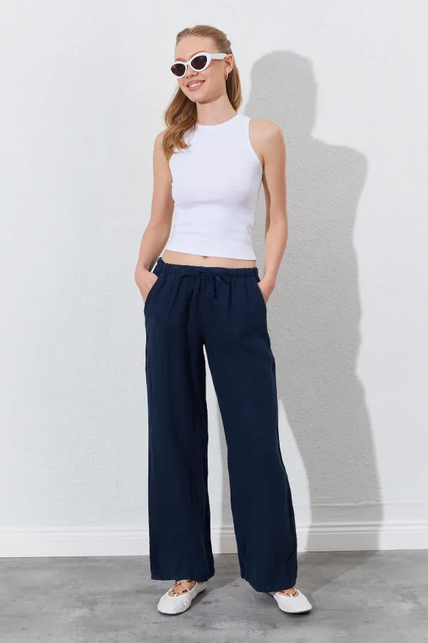 Women's Navy Blue Linen Wide Leg Trousers with Drawstring Waist and Side Pockets