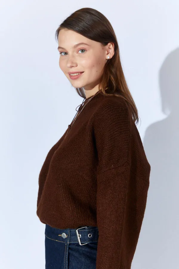 Kadın Kahve Bisiklet Yaka Basic Triko Kazak