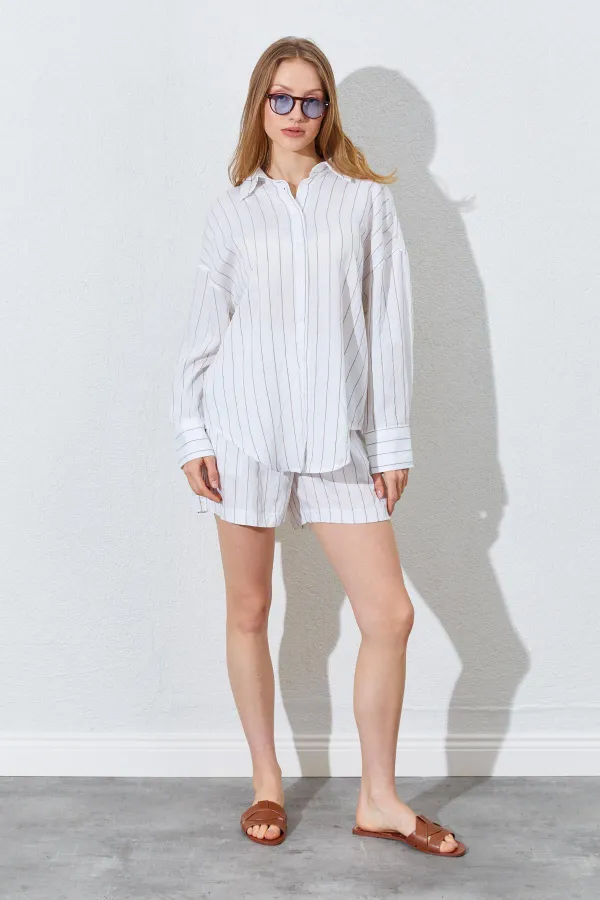 Kadın Kahve Oversize Gömlekli Şortlu Takım