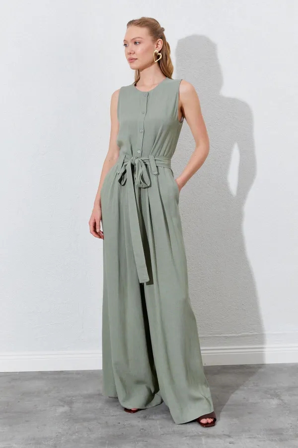 Kadın Haki Kolsuz Kuşak Bağlamalı Double Paça Tulum