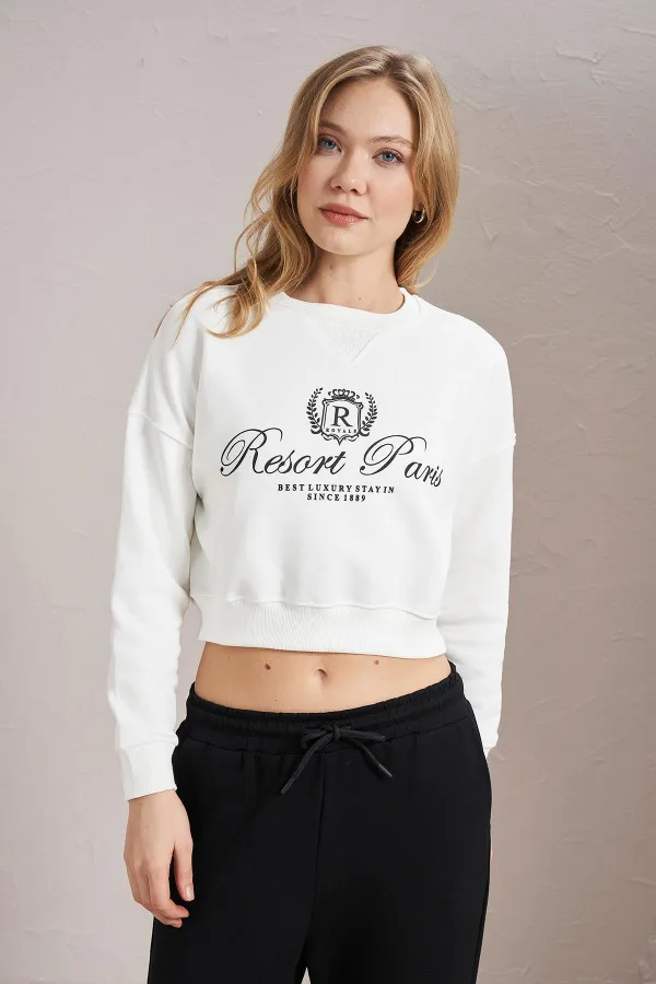 Women's Off-White Resort Paris Print Three-Thread Crop Sweatshirt