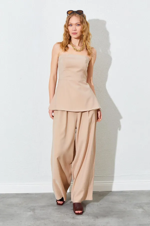 Kadın Vizon Straplez Bluzlu Palazzo Pantolonlu Takım