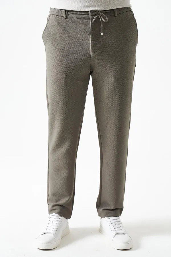 Erkek Haki Beli Yarım Lastikli Mendi Örme Jakar Pantolon