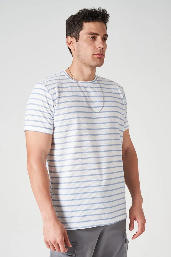 Erkek Mavi Bisiklet Yaka Ringel Mini Waffle Tişört