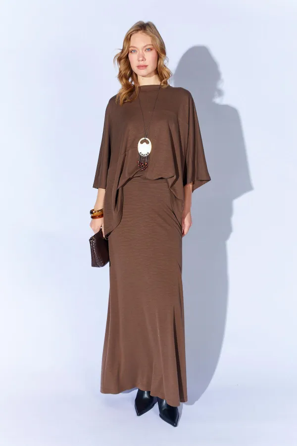 Kadın Kahve 172 Düşük Kol Bluzlu Uzun Pike Modal Etekli Takım