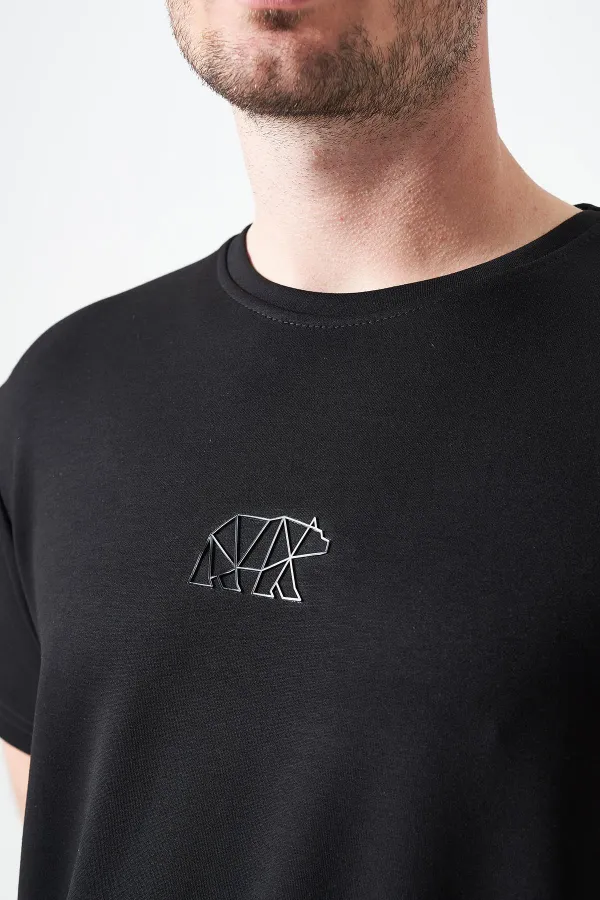 T-shirt noir à col rond en modal pour homme avec imprimé ours origami