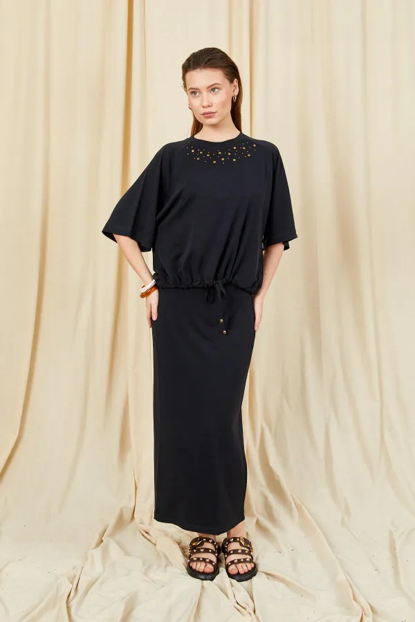 Kadın Siyah 164 Reglan Kollu Etek Ucu Bağlama Bluzlu Etekli Modal Takım