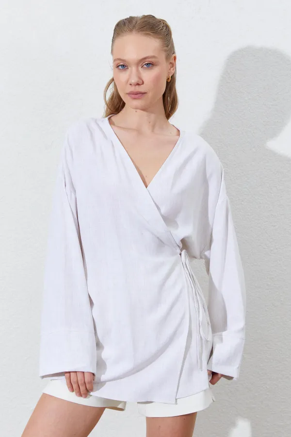 Kadın Naturel Kruvaze Yaka İp Bağlamalı Ceket