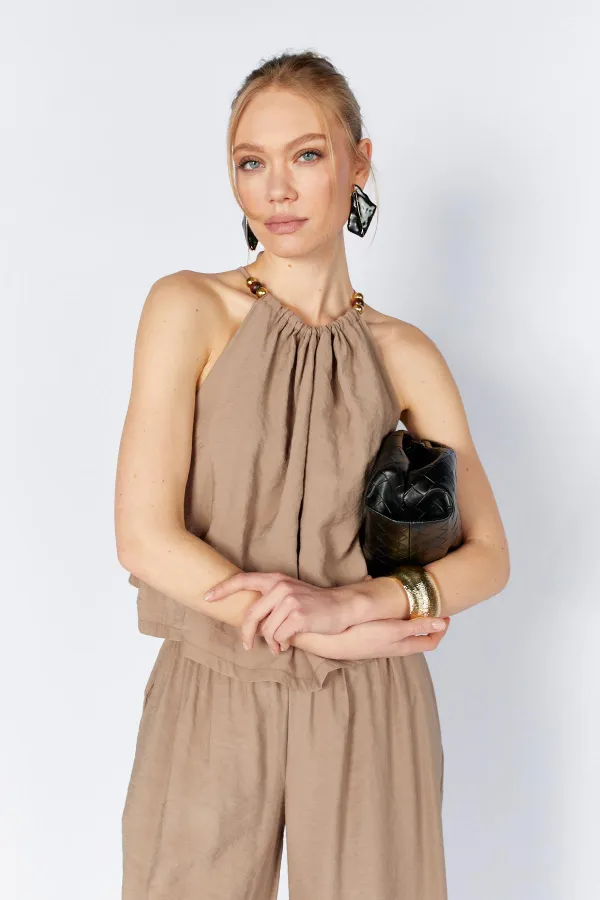 Women's Mink 171 Modal Suit with Wide-Leg Trousers and Collar Bead Accessory