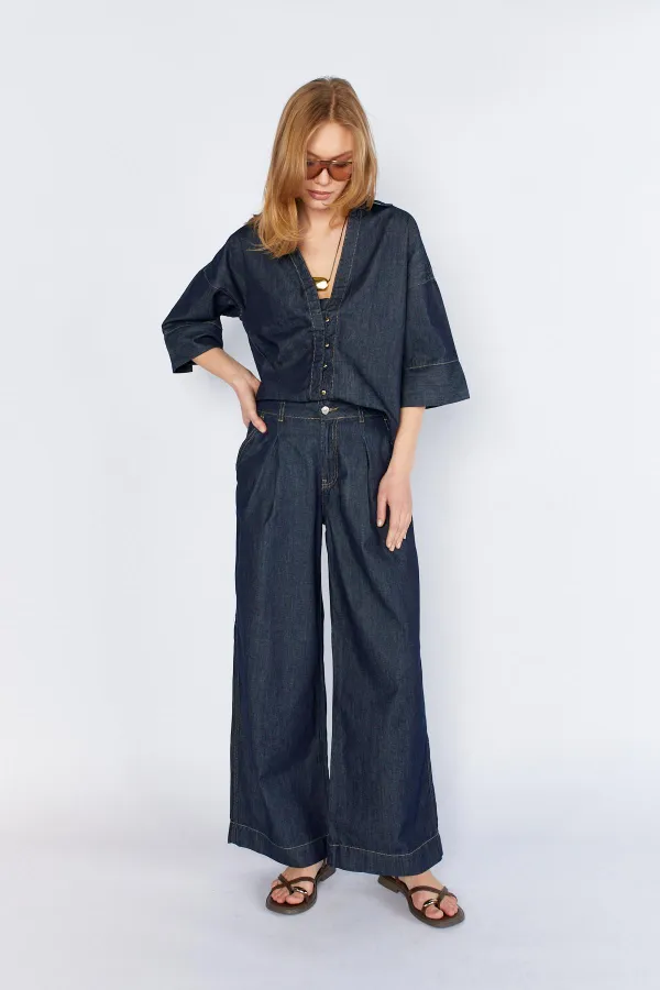 Kadın Rins Yıkama Gömlek Yaka Dirsek Kollu Gömlek Pantolonlu Jean Takım