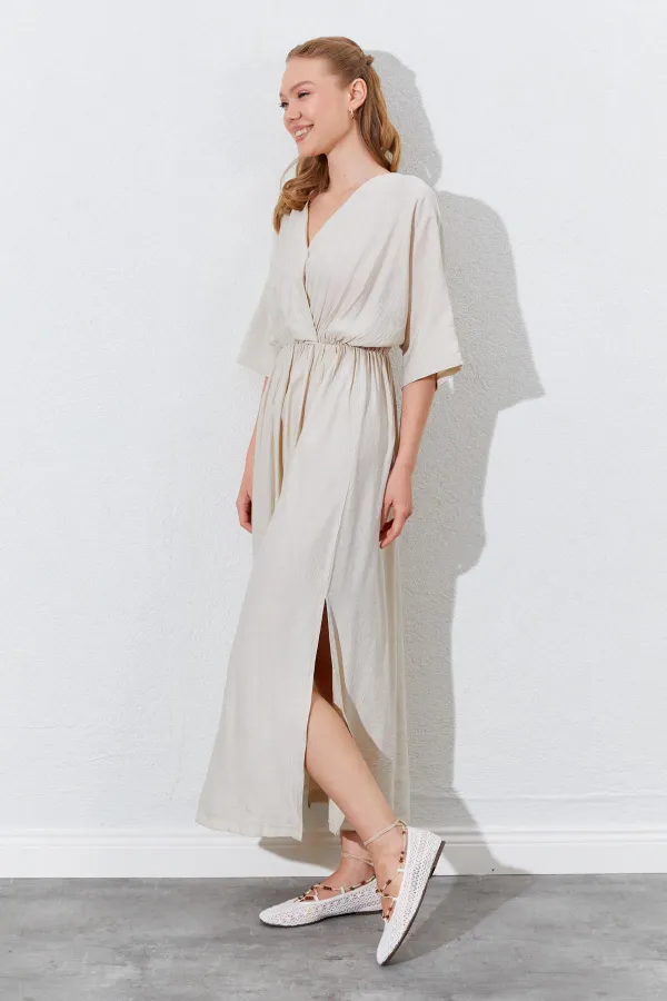 Kadın Taş Düşük Kol Yanları Yırtmaçlı Uzun Elbise