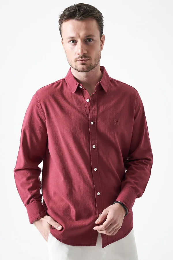 Erkek Vişne Uzun Kol Basic Pamuk Flam Regular Gömlek