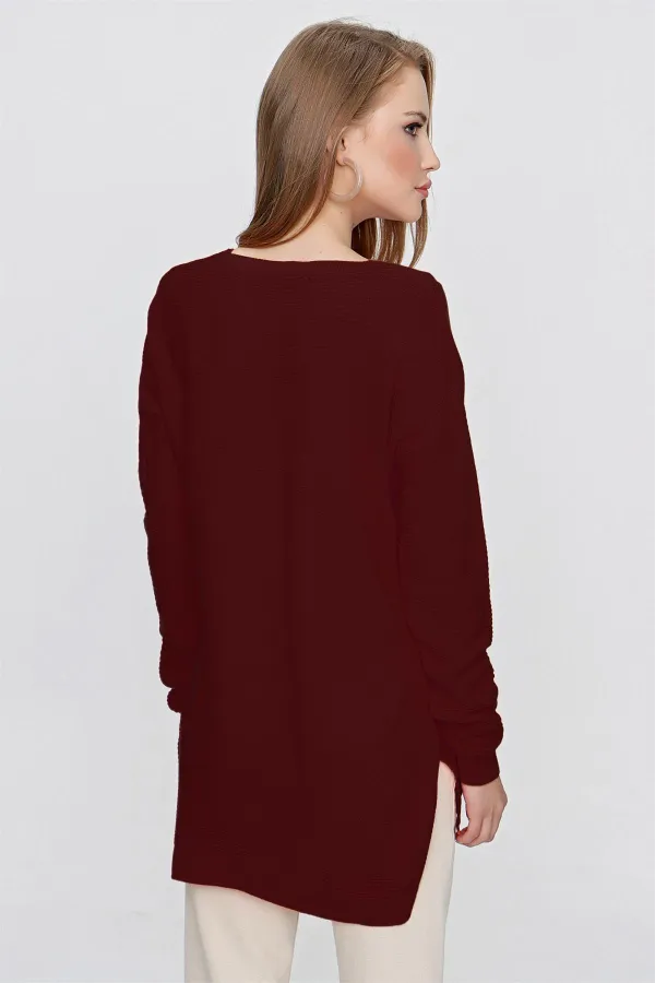 Kadın Bordo V Yaka Salaş Triko Kazak