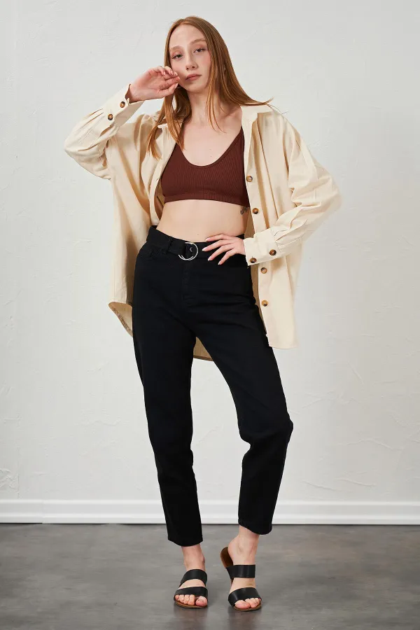 Kadın Naturel Oversize Basic Balık Sırtı Gabardin Gömlek