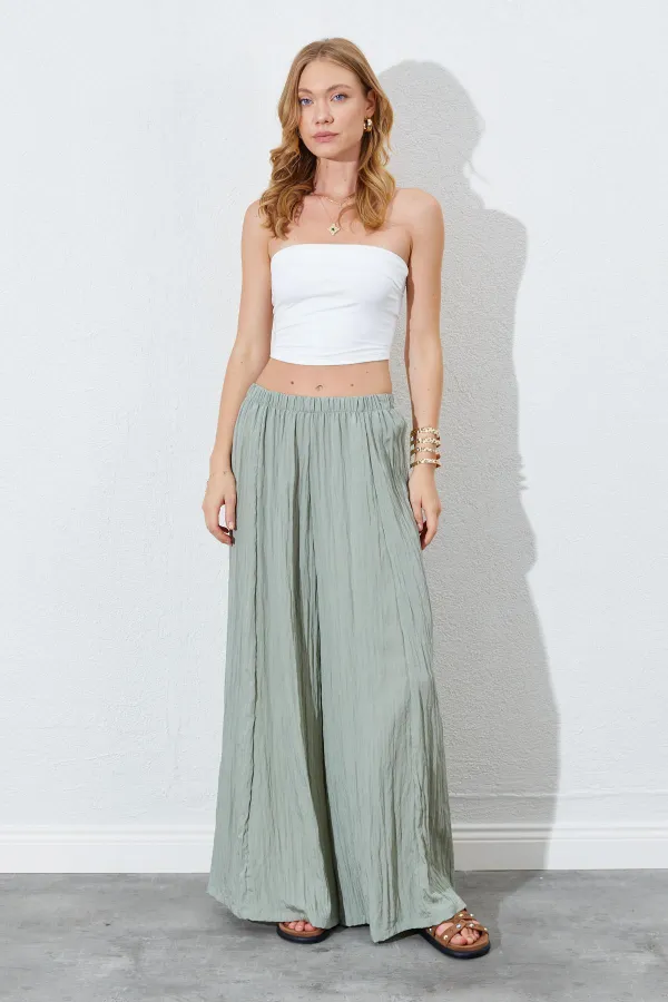 Kadın Çağla Beli Lastikli Bol Paça Kırışık Pantolon